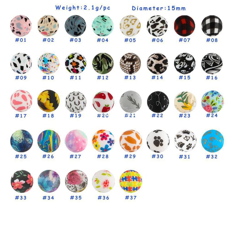 Decoendiy 50Pcs Silicone Printed Beads 15mm  Leopard Cow Animal Print Beads  Flower Leaves Plaid Beads  Loose Round Silicone Spacer Beads  for Adults DIY Crafts Supplies (#7) - Image 2